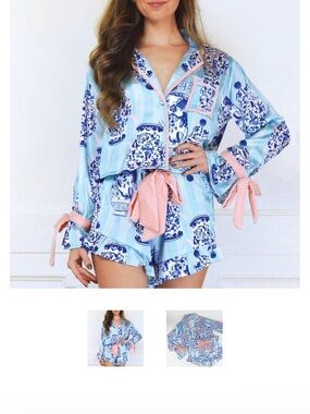 Light Blue & Pink Printed Satin Pajama Short Set